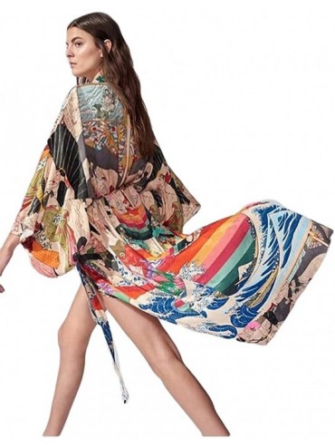 Cover-Ups Womens Chiffon/Rayon Beach Blouses Kimono Cardigan Long Bikini Cover Up - Ethnic Print - CZ18AE30KAH $43.42