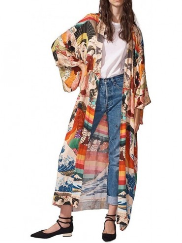 Cover-Ups Womens Chiffon/Rayon Beach Blouses Kimono Cardigan Long Bikini Cover Up - Ethnic Print - CZ18AE30KAH $22.01