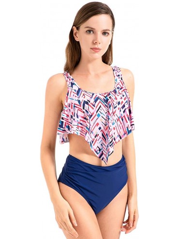 Sets Women Bikini Swimsuit High Waist Ruffled Flounce Top with Swim Bottom Two Pieces Bathing Suits - Pink - C518WCMWD9Q $12.56
