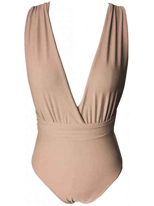 One-Pieces One Piece Swimsuits for Women - Sexy Deep V Neck High Cut Multi-Way Bandage Sexy Swimsuits Bathing Suit - Nude - C...