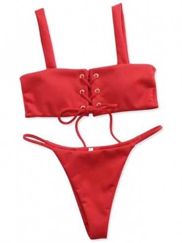 Sets Women's Push up Bandeau Swimsuit High Cut Strap Bathing Suit Bikini Set - Red - CL197L355IZ $30.74