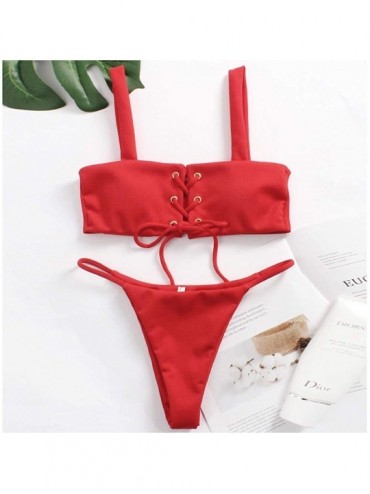 Sets Women's Push up Bandeau Swimsuit High Cut Strap Bathing Suit Bikini Set - Red - CL197L355IZ $19.79