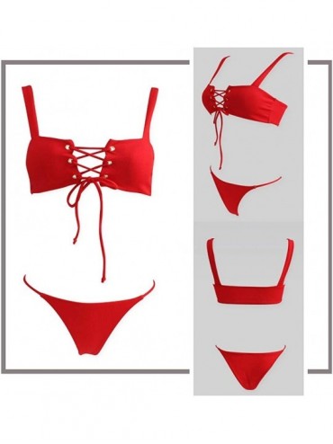 Sets Women's Push up Bandeau Swimsuit High Cut Strap Bathing Suit Bikini Set - Red - CL197L355IZ $19.79