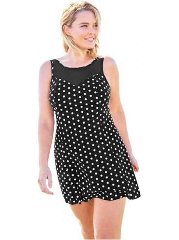 One-Pieces Women's Plus Size Mesh-Trim Swim Dress Swimsuit - Black Dots (1089) - CV195SCQX9O $80.31