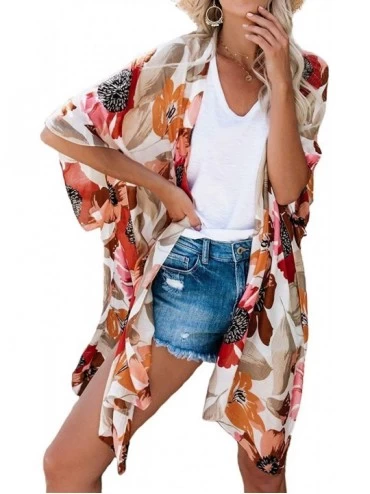 Cover-Ups Womens Long Kimono Cardigan Floral Chiffon Beach Cover Up - Orange Print - CQ194KEYTXW $33.26
