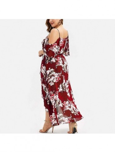 Cover-Ups Women's Sleeveless Plus Size Dresses-V-Neck Casual Bohemia Print Swing Dress Sling Backless Dress - 2 - Wine - CN19...