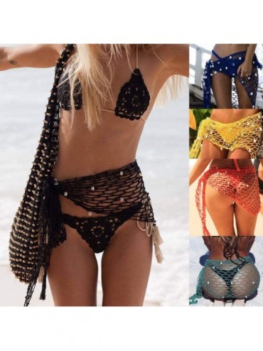 Cover-Ups Women Crochet Beach Cover Up Sarong Wrap with Shells Fishnet Bikini Cover Up Shell Beach Scarf Mesh Swimwear Scarve...