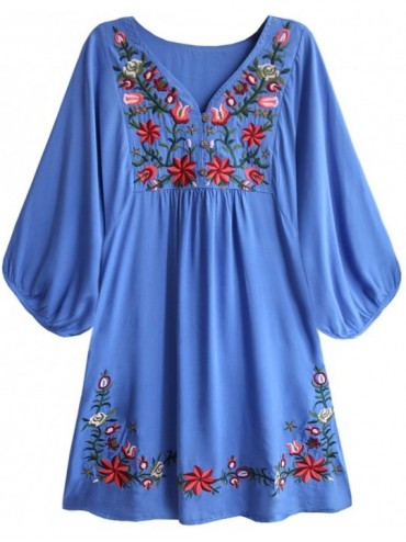 Cover-Ups Women's Floral Embroidery Mexican Dresses Tunic Shirt Bohemian Flowy Shift Mini Blouse - Palace Blue - CJ18EMQ9HC9 ...