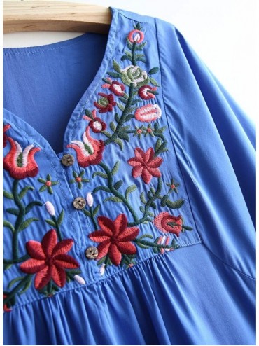Cover-Ups Women's Floral Embroidery Mexican Dresses Tunic Shirt Bohemian Flowy Shift Mini Blouse - Palace Blue - CJ18EMQ9HC9 ...