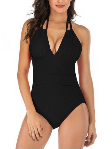 One-Pieces V Neck One Piece Swimsuits with Ruching Bathing Suits Tummy Control Beach Swimwear for Women - Halter-black - C618...