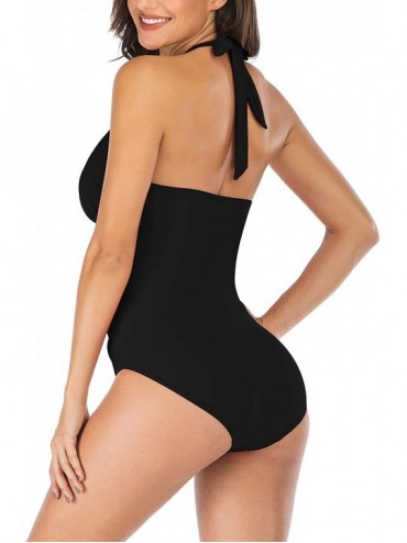 One-Pieces V Neck One Piece Swimsuits with Ruching Bathing Suits Tummy Control Beach Swimwear for Women - Halter-black - C618...