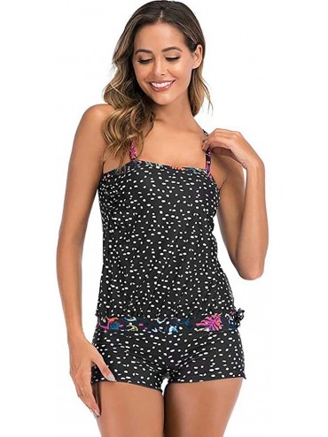 Tankinis Womens Printed Two Piece Swimsuits Tankini Tops Boyshort Bottom - A-black Dot - CG19DNYEEIY $56.82