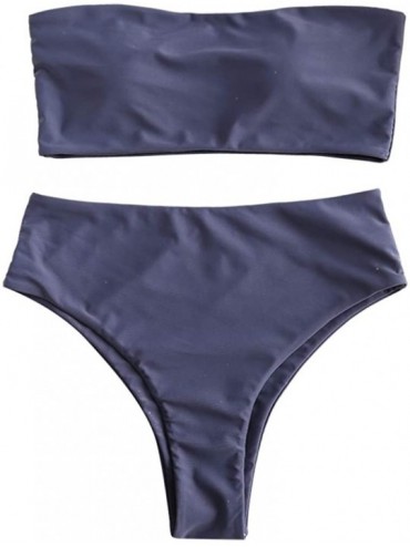 Sets Women's Two Piece Solid Strapless High Cut Bandeau Bikini Set Swimsuit - Blue Gray - C318M7E8990 $34.62