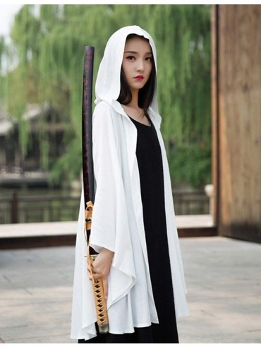 Cover-Ups Cotton Linen Women's Trench Coat Hooded Plus Size Black White Cloak Lightweight Open Front Cape Coats Summer Cover ...