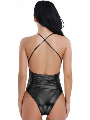One-Pieces Woman's One-Piece Shiny Metallic Wet Look Criss Cross Back High Cut Leotard Bodysuit Swimsuit - Black - C6190268R8...