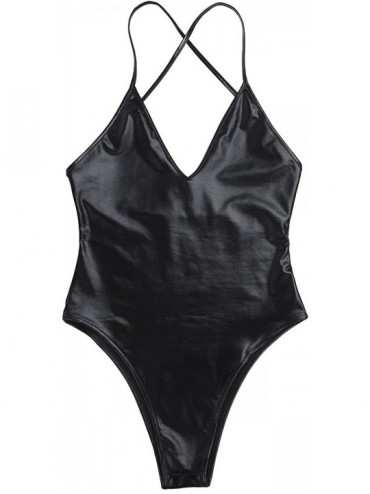 One-Pieces Woman's One-Piece Shiny Metallic Wet Look Criss Cross Back High Cut Leotard Bodysuit Swimsuit - Black - C6190268R8...