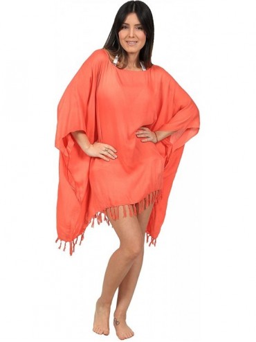 Cover-Ups Swimsuit Cover Up Poncho Tunic Dress Beachwear Fringe Fashion Casual Wrap - Coral - CZ12O08KDHA $12.29