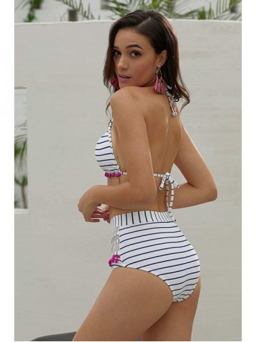 Sets Womens Two Piece Mesh Striped High Waist Bikini Set Tassel Trim Top Swimsuit - Blue - C418RTG0YSL $25.22
