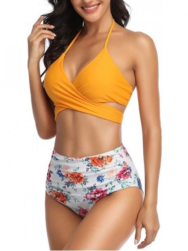 Sets Women High Waisted Bikini Swimsuits Halter Two Piece Strappy Bathing Suits - Yellow Floral - C318WQNKDQR $19.98