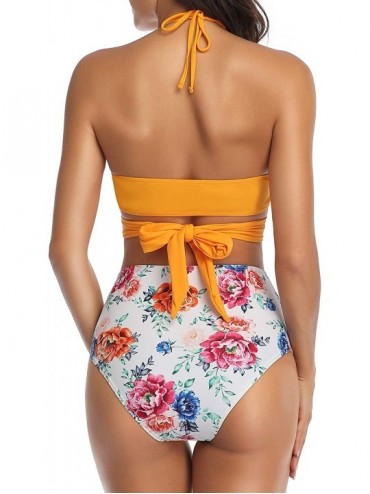 Sets Women High Waisted Bikini Swimsuits Halter Two Piece Strappy Bathing Suits - Yellow Floral - C318WQNKDQR $19.98