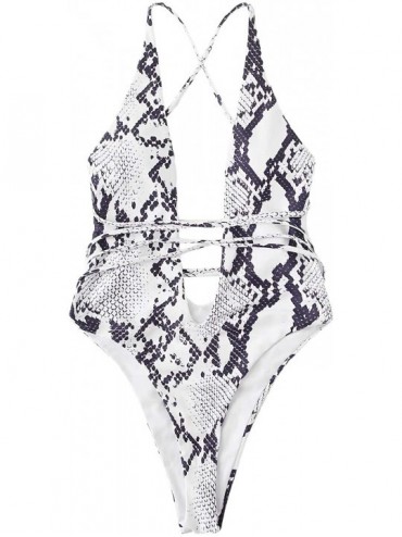 One-Pieces Women's Snakeskin Print Deep V Plunge Monokini One Piece Swimsuits Sexy Bathing Suits - White - CN192I7ETUC $43.10