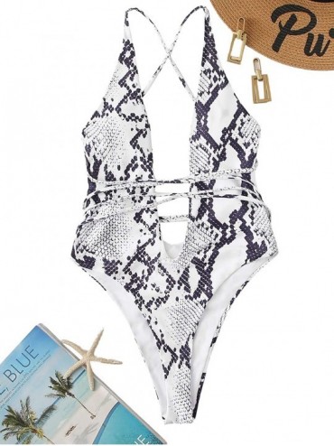 One-Pieces Women's Snakeskin Print Deep V Plunge Monokini One Piece Swimsuits Sexy Bathing Suits - White - CN192I7ETUC $26.31