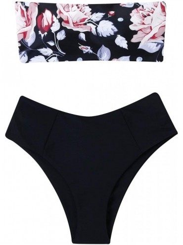 Sets Women's 2 Pieces Bandeau Bikini Swimsuits Off Shoulder High Waist Bathing Suit High Cut - Floral Black - CE18Q6CT6H6 $47.96