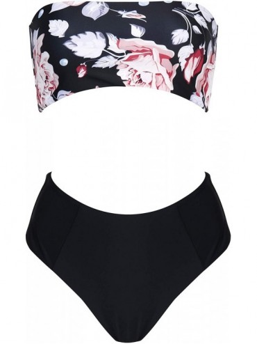 Sets Women's 2 Pieces Bandeau Bikini Swimsuits Off Shoulder High Waist Bathing Suit High Cut - Floral Black - CE18Q6CT6H6 $22.38