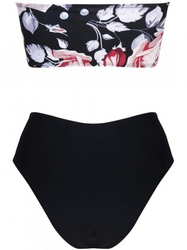 Sets Women's 2 Pieces Bandeau Bikini Swimsuits Off Shoulder High Waist Bathing Suit High Cut - Floral Black - CE18Q6CT6H6 $22.38