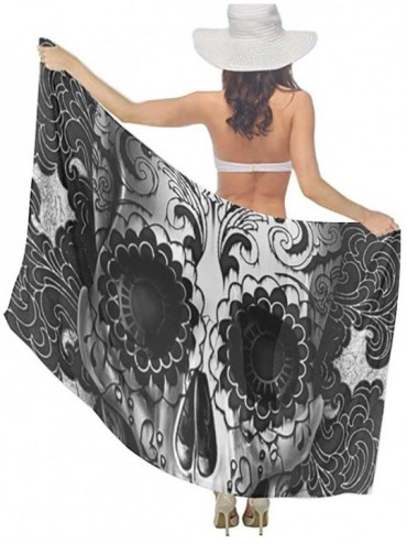 Cover-Ups Women Chiffon Scarf Summer Beach Wrap Skirt Swimwear Bikini Cover-up - Sugar Skull Black - CM1908OC700 $25.74