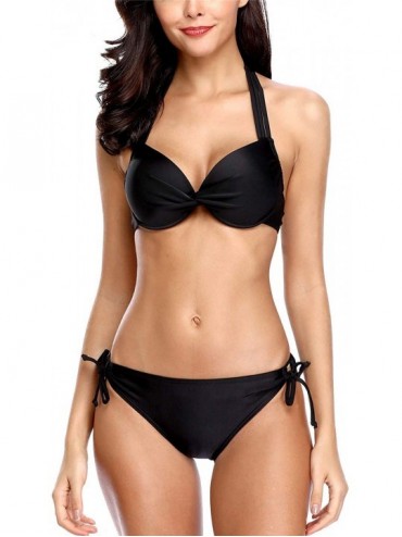 Sets Halter Underwire Bikini Swimsuits for Women Push Up Side Tie Bikini Sets - Black - CK18M2TI9EN $43.69