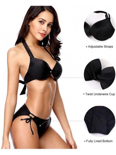 Sets Halter Underwire Bikini Swimsuits for Women Push Up Side Tie Bikini Sets - Black - CK18M2TI9EN $26.10
