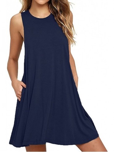 Cover-Ups Women's Summer Casual Swing T-Shirt Dresses Beach Cover up with Pockets - Navy Blue - CX1807RY5EH $45.05