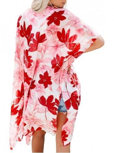 Cover-Ups Women's Summer Long Flowy Kimono Cardigans Boho Chiffon Floral Beach Cover Up Tops - D-red/Pink - CM192I70SR9 $20.92