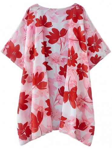 Cover-Ups Women's Summer Long Flowy Kimono Cardigans Boho Chiffon Floral Beach Cover Up Tops - D-red/Pink - CM192I70SR9 $20.92