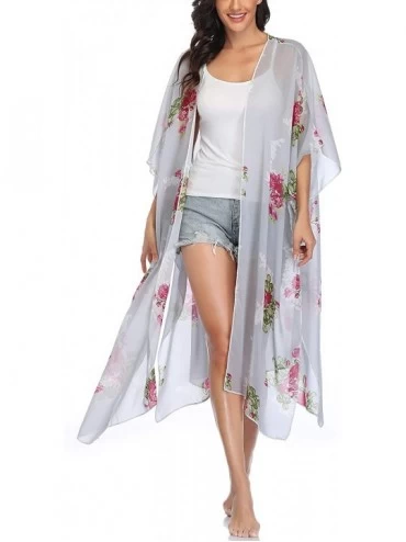 Cover-Ups Womens Floral Kimono Cardigans Flowy Chiffon Long Beach Swimsuit Cover Ups - Grey Floral - CO199ACM9CR $18.85