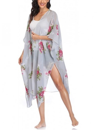 Cover-Ups Womens Floral Kimono Cardigans Flowy Chiffon Long Beach Swimsuit Cover Ups - Grey Floral - CO199ACM9CR $11.46