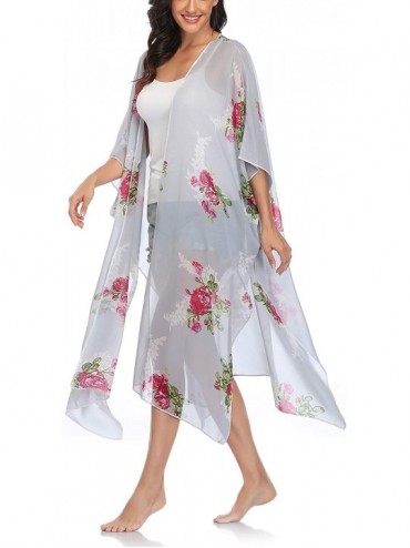 Cover-Ups Womens Floral Kimono Cardigans Flowy Chiffon Long Beach Swimsuit Cover Ups - Grey Floral - CO199ACM9CR $11.46