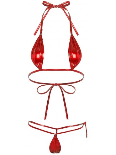 Sets Sexy Women's Metallic Lingerie Set Micro Mini Bikini G-String Thongs Teddy Monokini Swimwear - Red2pcs - CC198DTH6MC $25.83