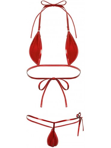 Sets Sexy Women's Metallic Lingerie Set Micro Mini Bikini G-String Thongs Teddy Monokini Swimwear - Red2pcs - CC198DTH6MC $12.92