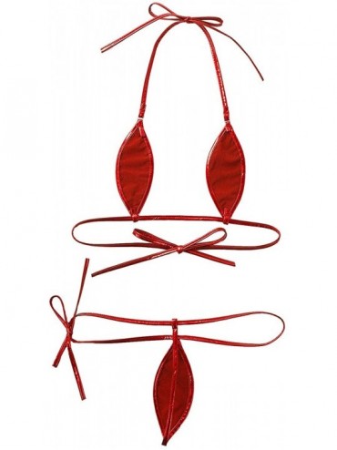 Sets Sexy Women's Metallic Lingerie Set Micro Mini Bikini G-String Thongs Teddy Monokini Swimwear - Red2pcs - CC198DTH6MC $12.92