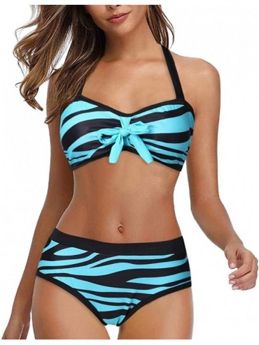 Sets Bathing Suits for Women- Womens High Waisted Bikini Set Stripe Halter Two Pieces Swimsuits - Blue - CY1954EU0R9 $31.27