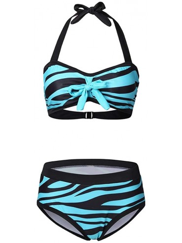 Sets Bathing Suits for Women- Womens High Waisted Bikini Set Stripe Halter Two Pieces Swimsuits - Blue - CY1954EU0R9 $17.46