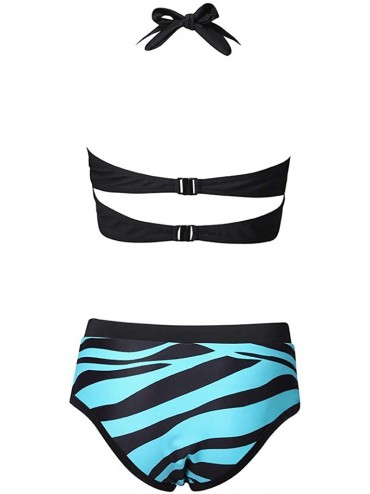 Sets Bathing Suits for Women- Womens High Waisted Bikini Set Stripe Halter Two Pieces Swimsuits - Blue - CY1954EU0R9 $17.46