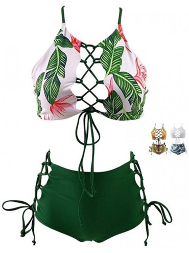 Sets Women African Backless Bikini High Waist Tankini Patterned Strap Swimsuit Set - Green - CM18RXCA5TX $45.07