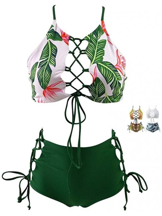 Sets Women African Backless Bikini High Waist Tankini Patterned Strap Swimsuit Set - Green - CM18RXCA5TX $22.23