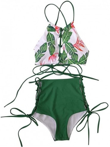 Sets Women African Backless Bikini High Waist Tankini Patterned Strap Swimsuit Set - Green - CM18RXCA5TX $22.23