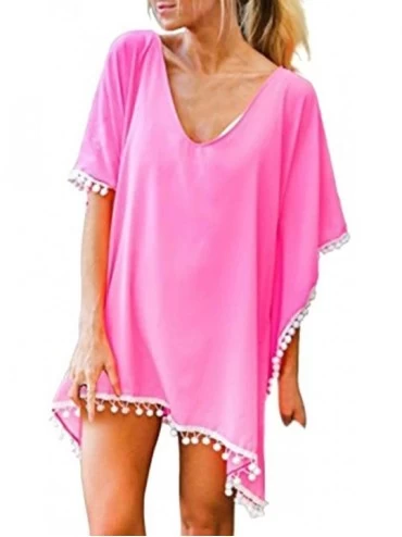 Cover-Ups Summer Women's Bathing Suit Cover Up Beach Bikini Cold Shoulder Tassel Crochet Dress - Tassel-pink - CD18CT9OXAR $3...