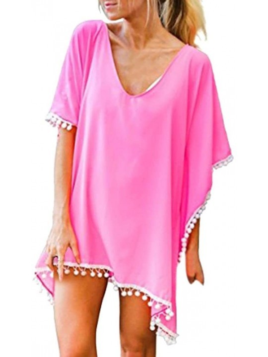 Cover-Ups Summer Women's Bathing Suit Cover Up Beach Bikini Cold Shoulder Tassel Crochet Dress - Tassel-pink - CD18CT9OXAR $1...