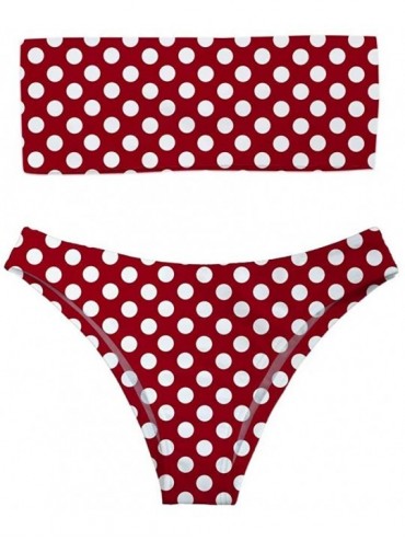 Sets Women's Two Piece Bandeau Bikini Set Sexy Strapless High Cut Swimwear - Wine Red Polka Dot - CD18QOOLR73 $58.16